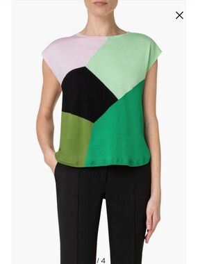Akris Punto Colorblock Intarsia Virgin Merino Wool Cap Sleeve Sweater $595 Sz 14